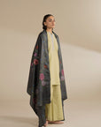 Full-length view of printed winter dupatta showing overall length, drape, and bold motif placement.