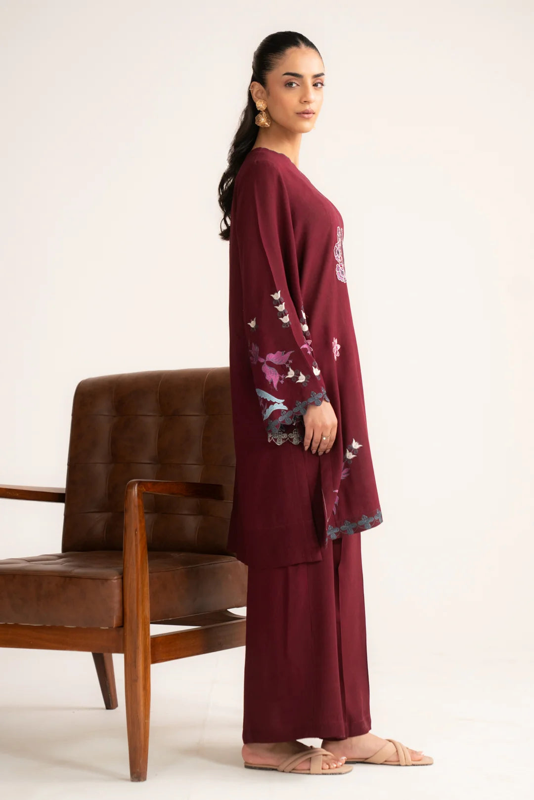 Full-length view of ready-to-wear maroon linen set