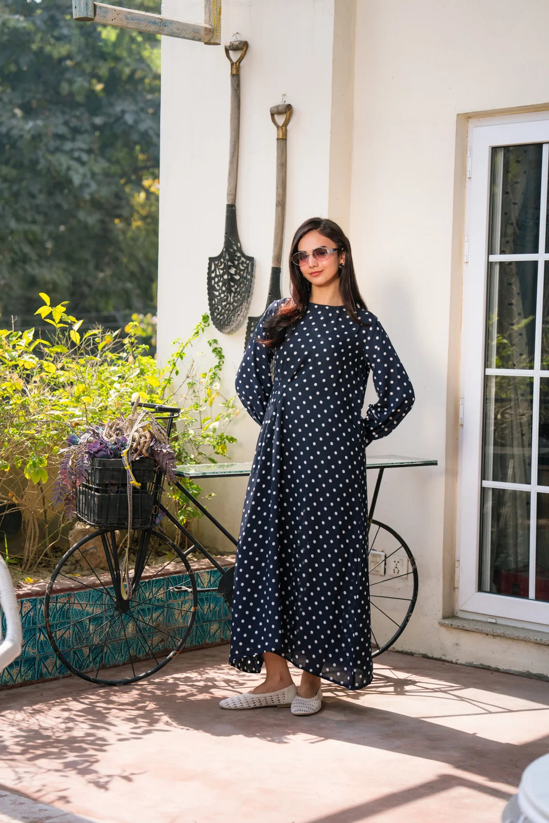 Full-length view of ready-to-wear navy maxi dress for women