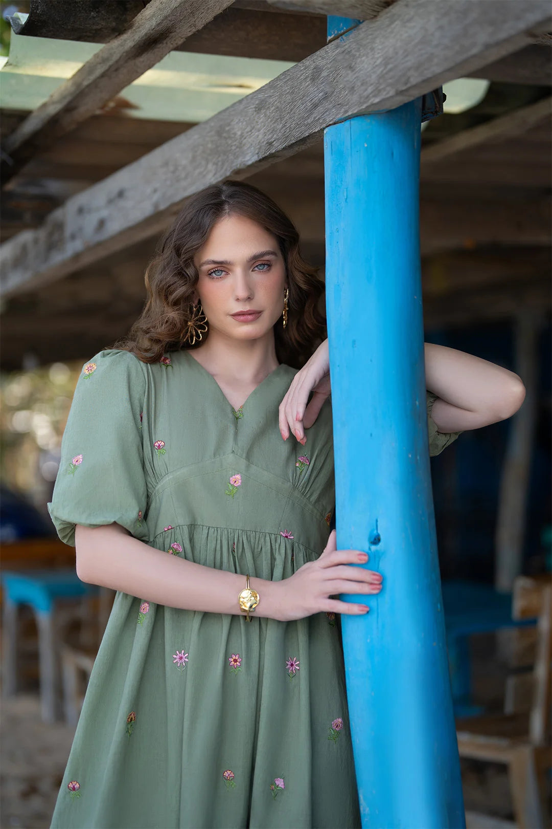 Full-length view of sage embroidered casual pret dress