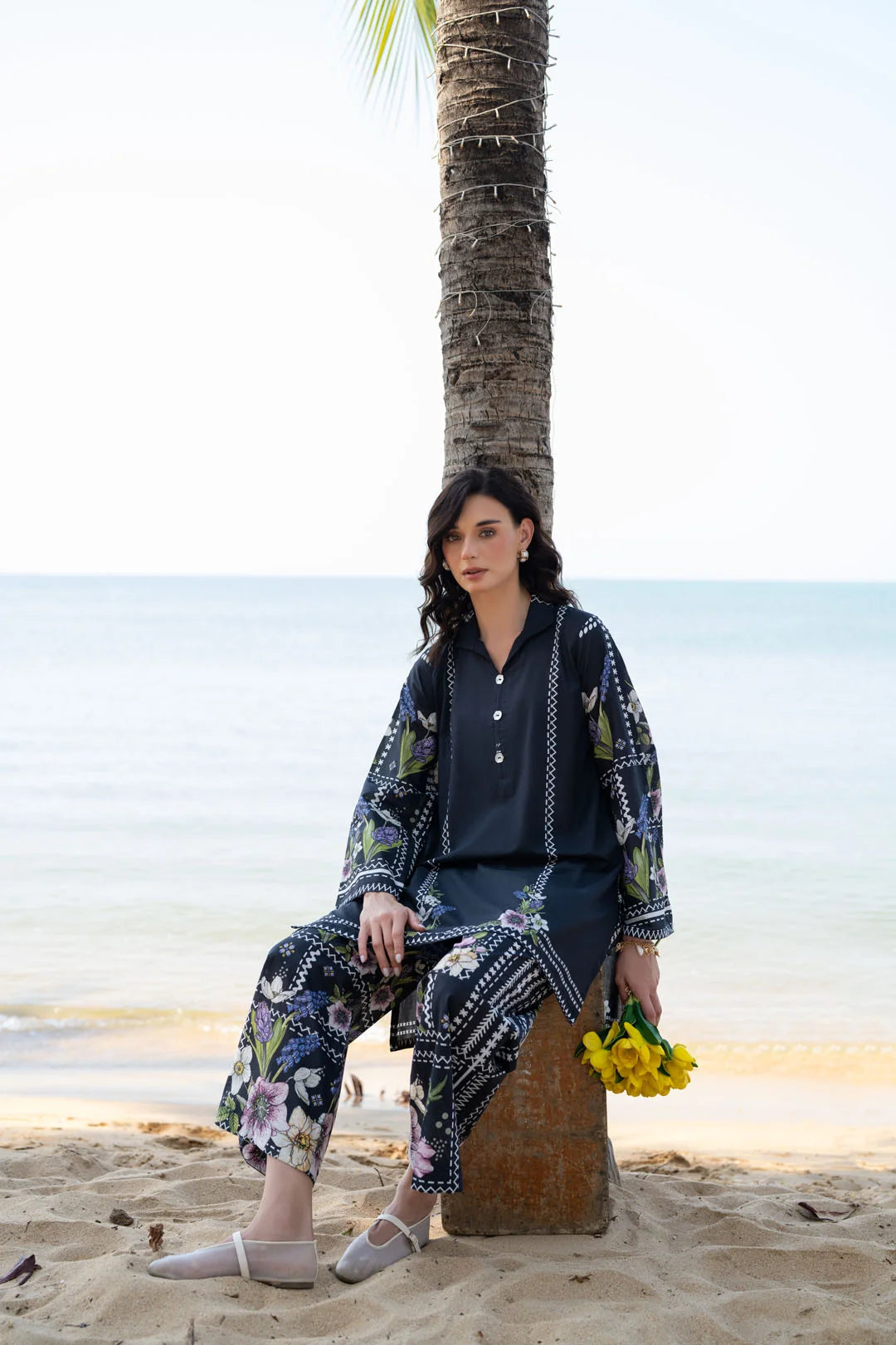 Full length view of black printed lawn co-ord set with cambric trousers