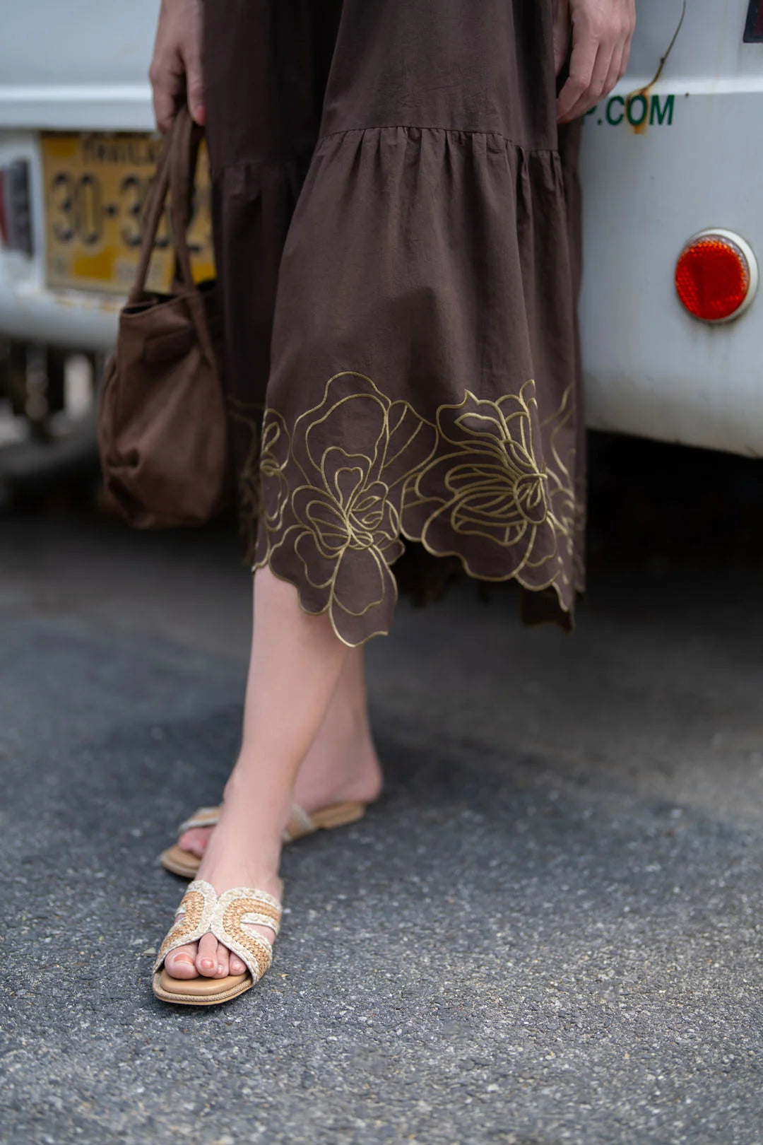 Full length view of dark brown embroidered frock for women