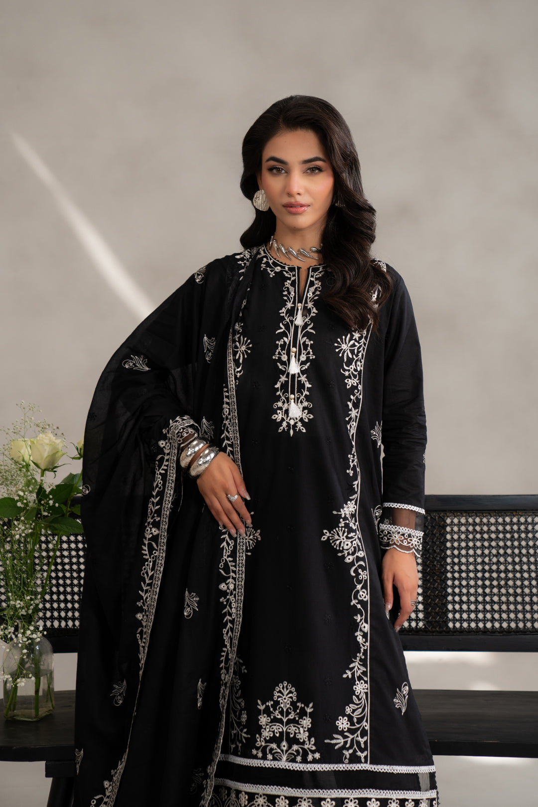 Get muharram dresses delivered - monochrome black outfit embroidered 3 piece lawn suit elegant