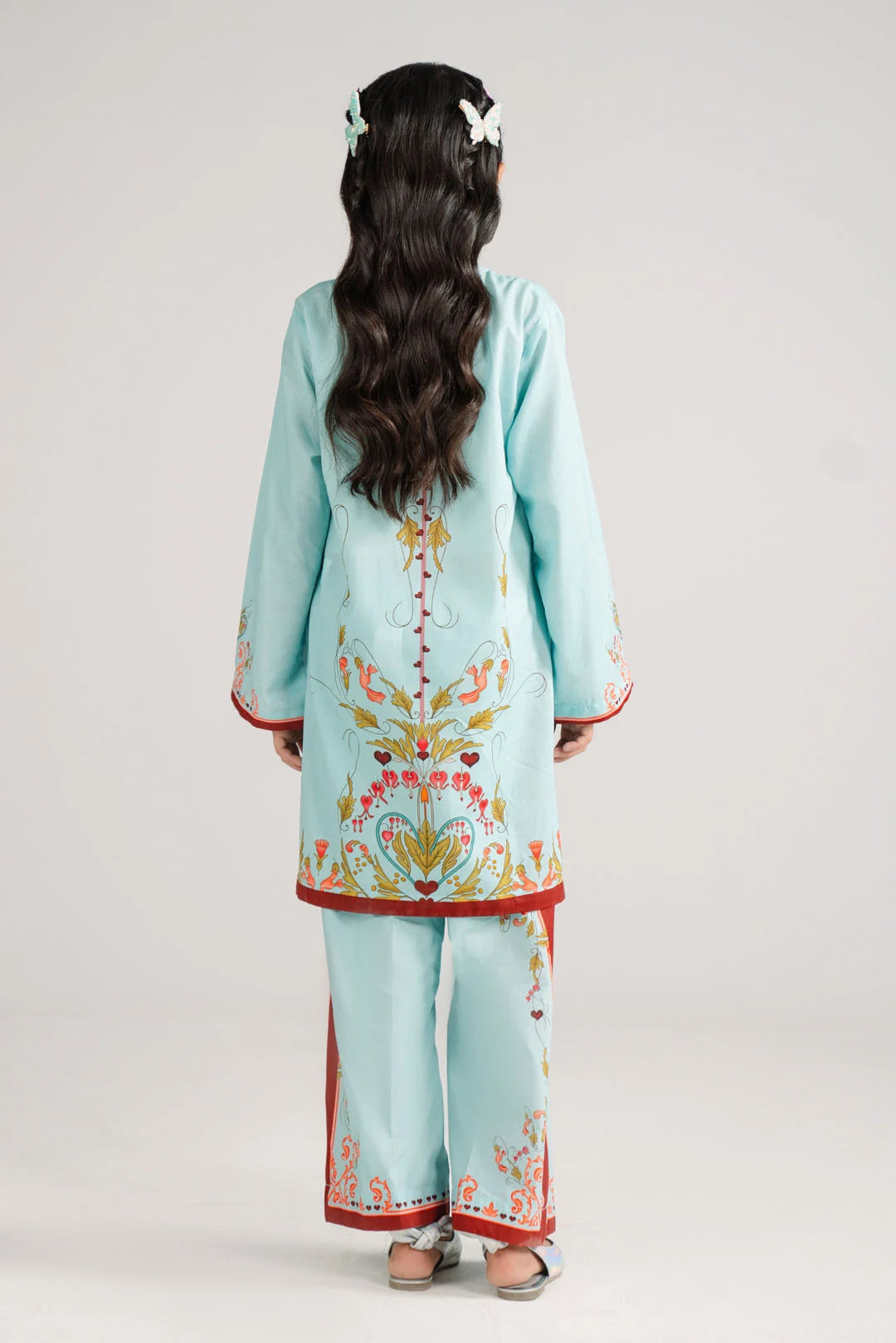 Girls 2 piece aqua lawn suit back view Pakistan - printed summer kurta set for tweens age 10-14 - modest fashion