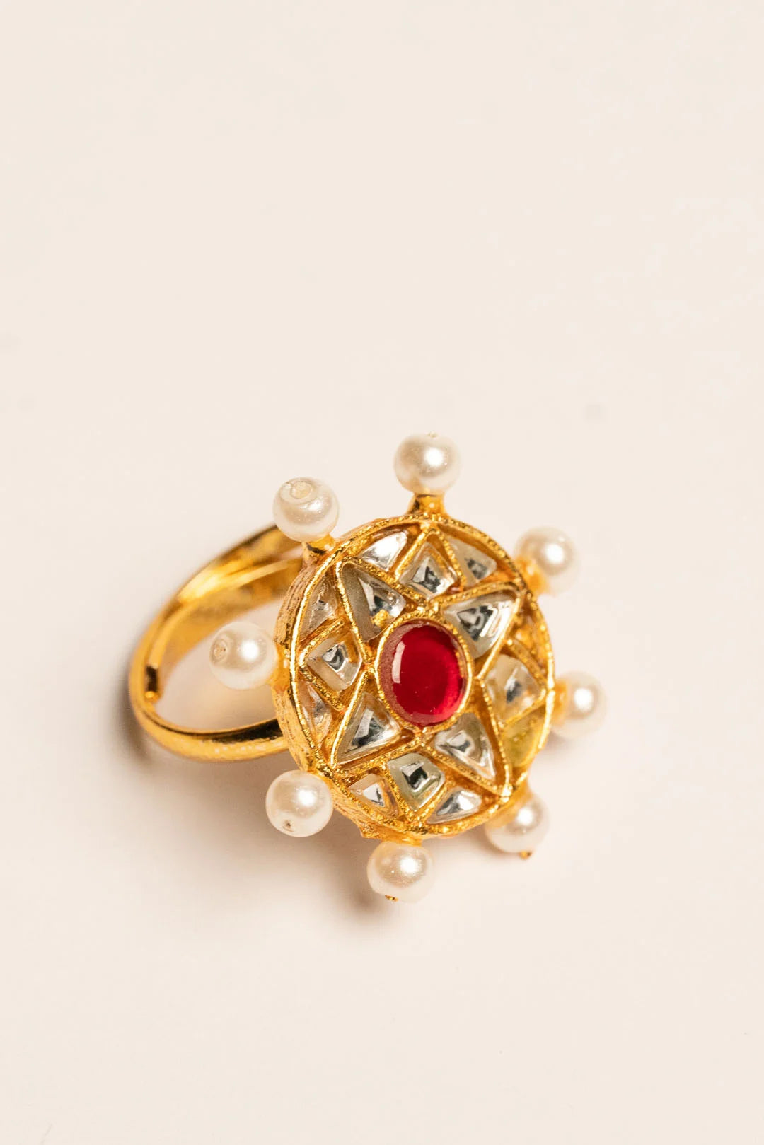 Gold dome Kundan ring ruby red center pearl crown halo women Pakistan Beyond East