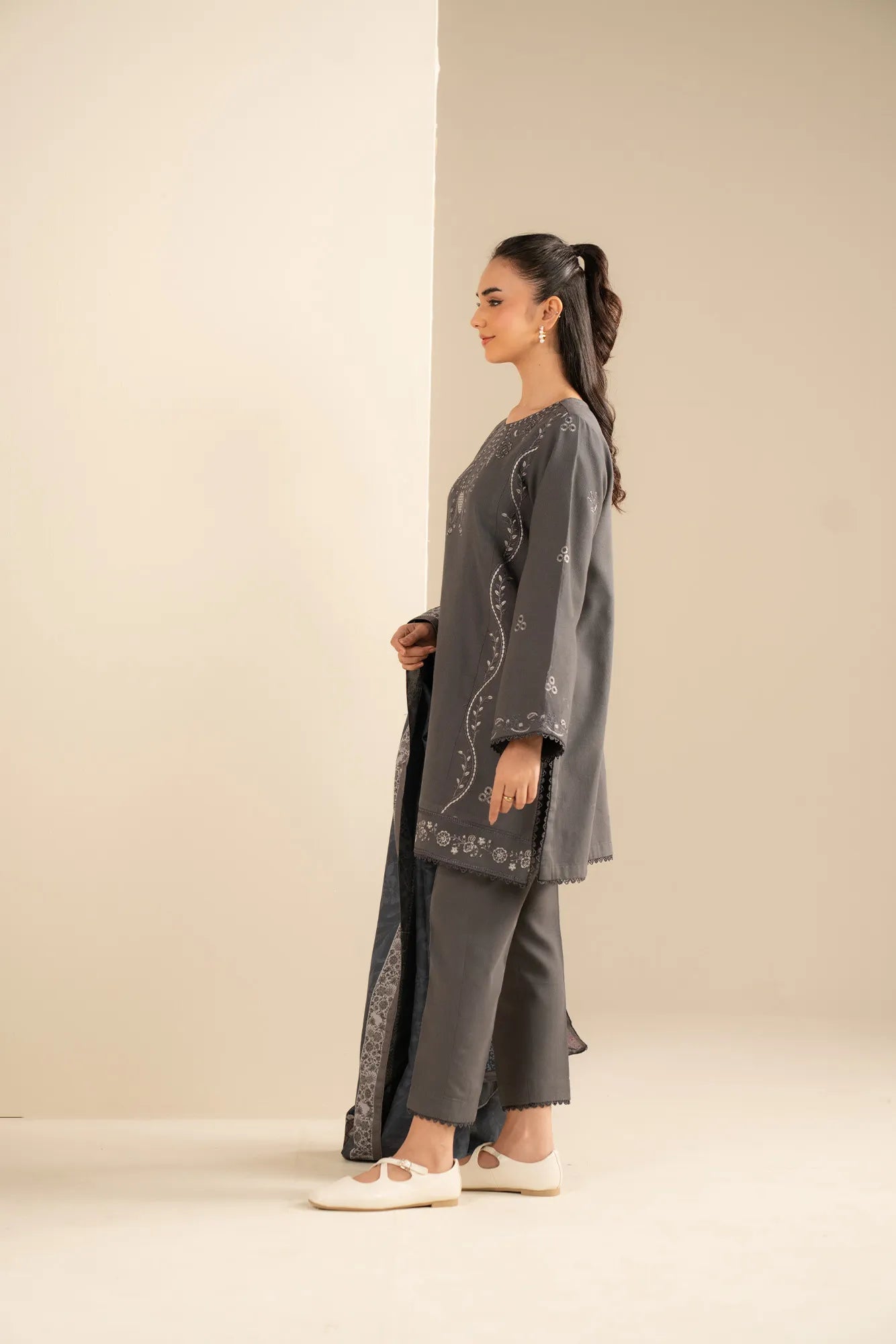 Grey khaddar shirt with embroidered center panel and winter-ready detailing