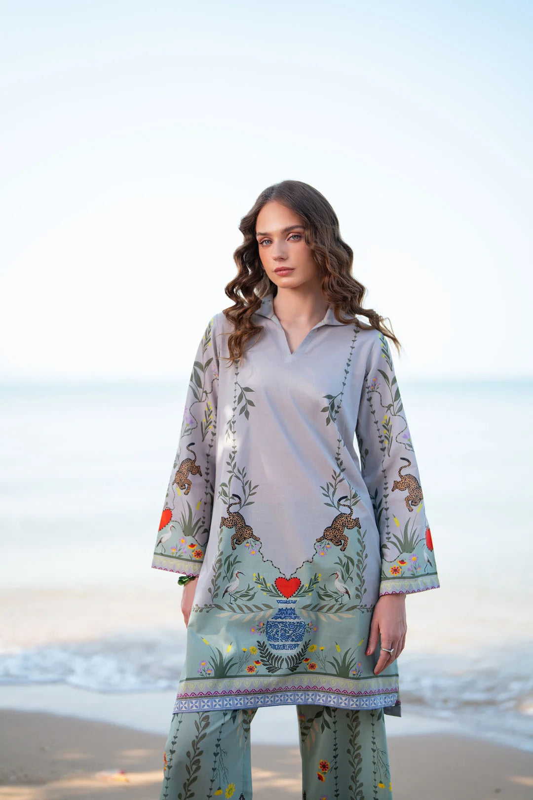 Grey printed matching set with lawn shirt and cambric trousers