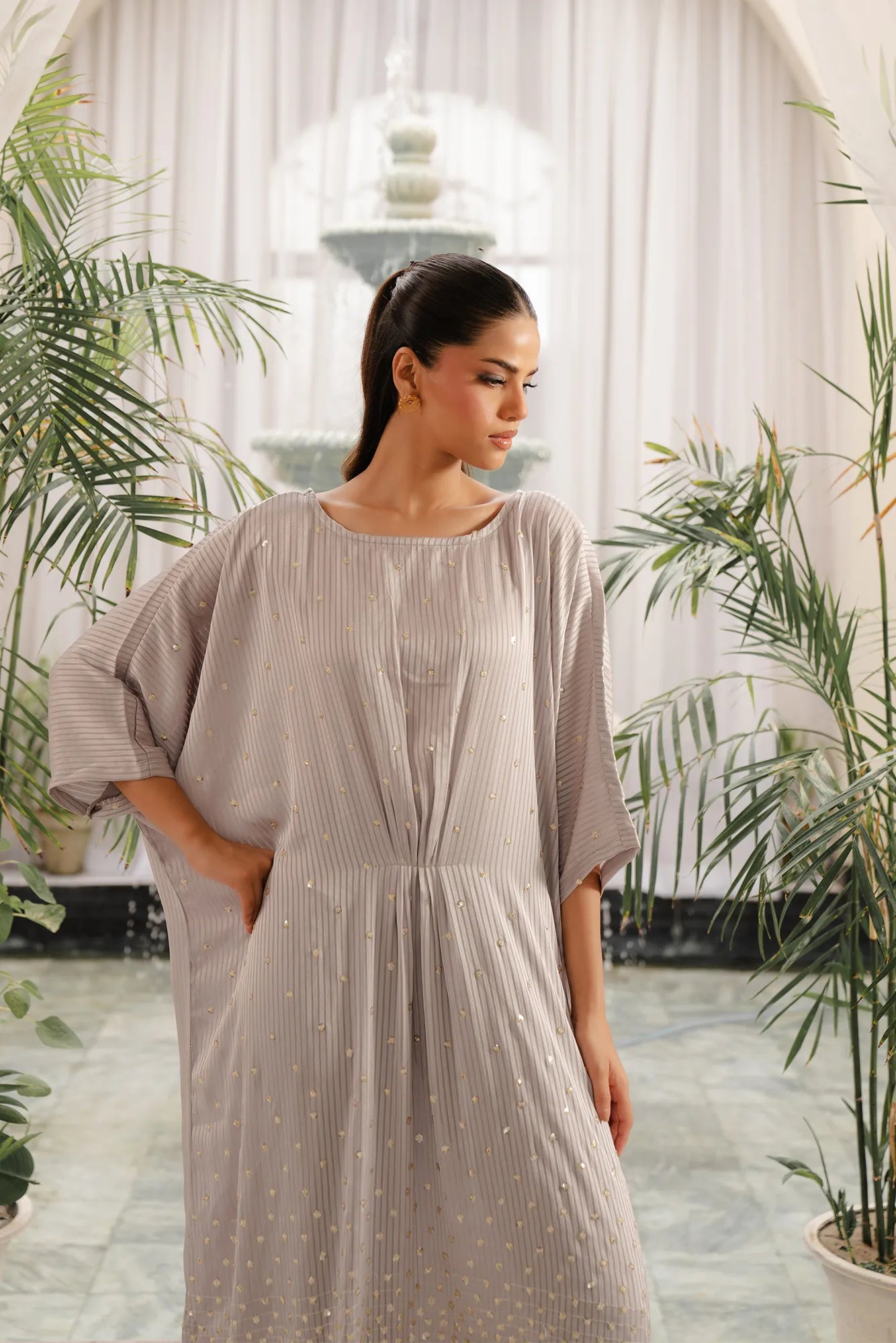 Grey silk kaftan with delicate sequin details - sophisticated evening wear for women