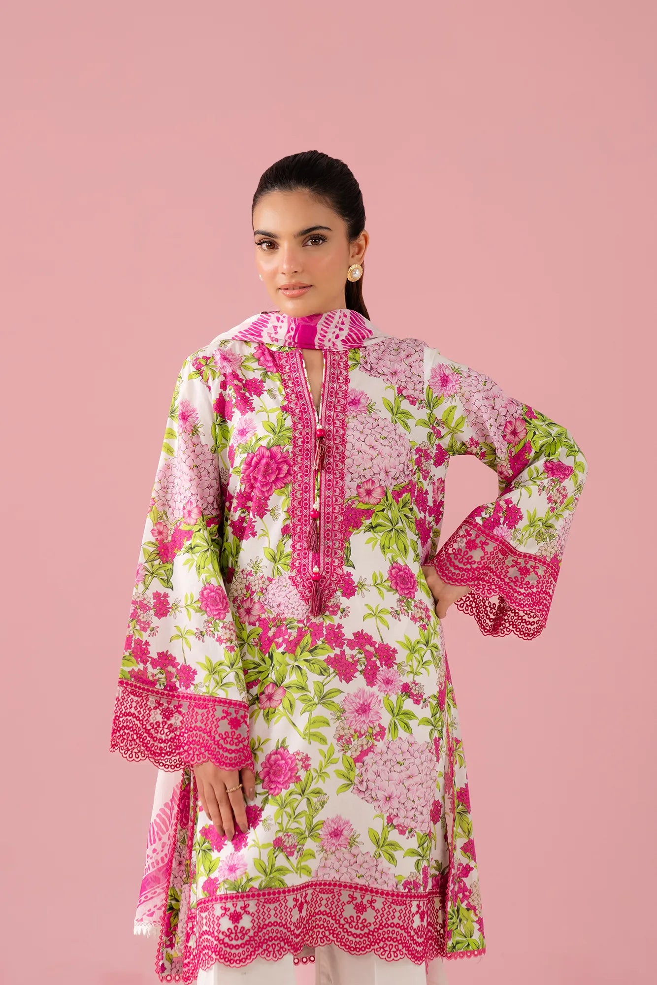 Hyderabad embroidered lawn suit – premium 3 piece white & pink unstitched outfit with embroidered organza neckline, cambric trouser, and chiffon dupatta