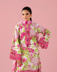 Hyderabad embroidered lawn suit – premium 3 piece white & pink unstitched outfit with embroidered organza neckline, cambric trouser, and chiffon dupatta