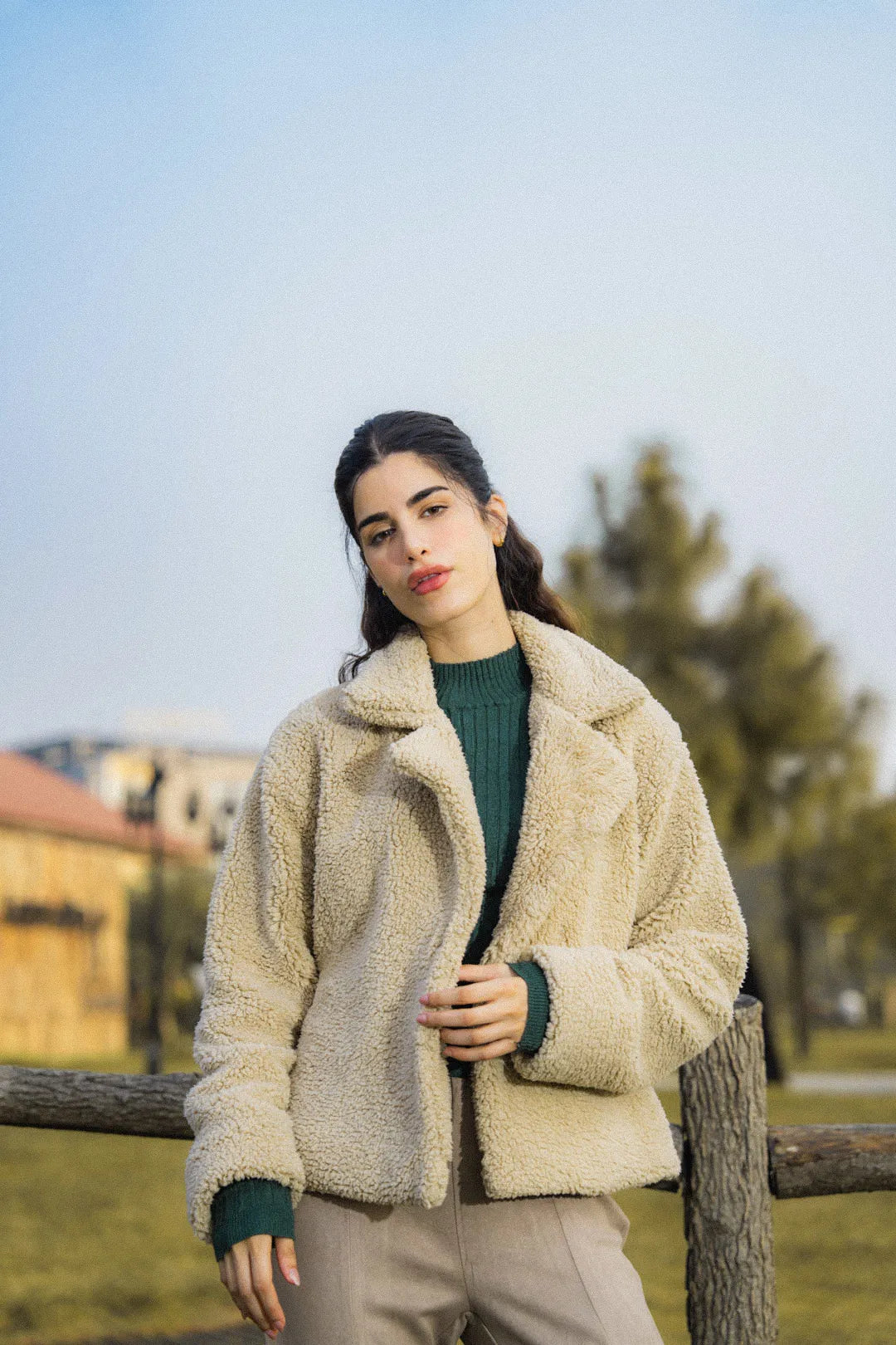 Beige Sherpa Fleece Jacket Pret Fall - 25