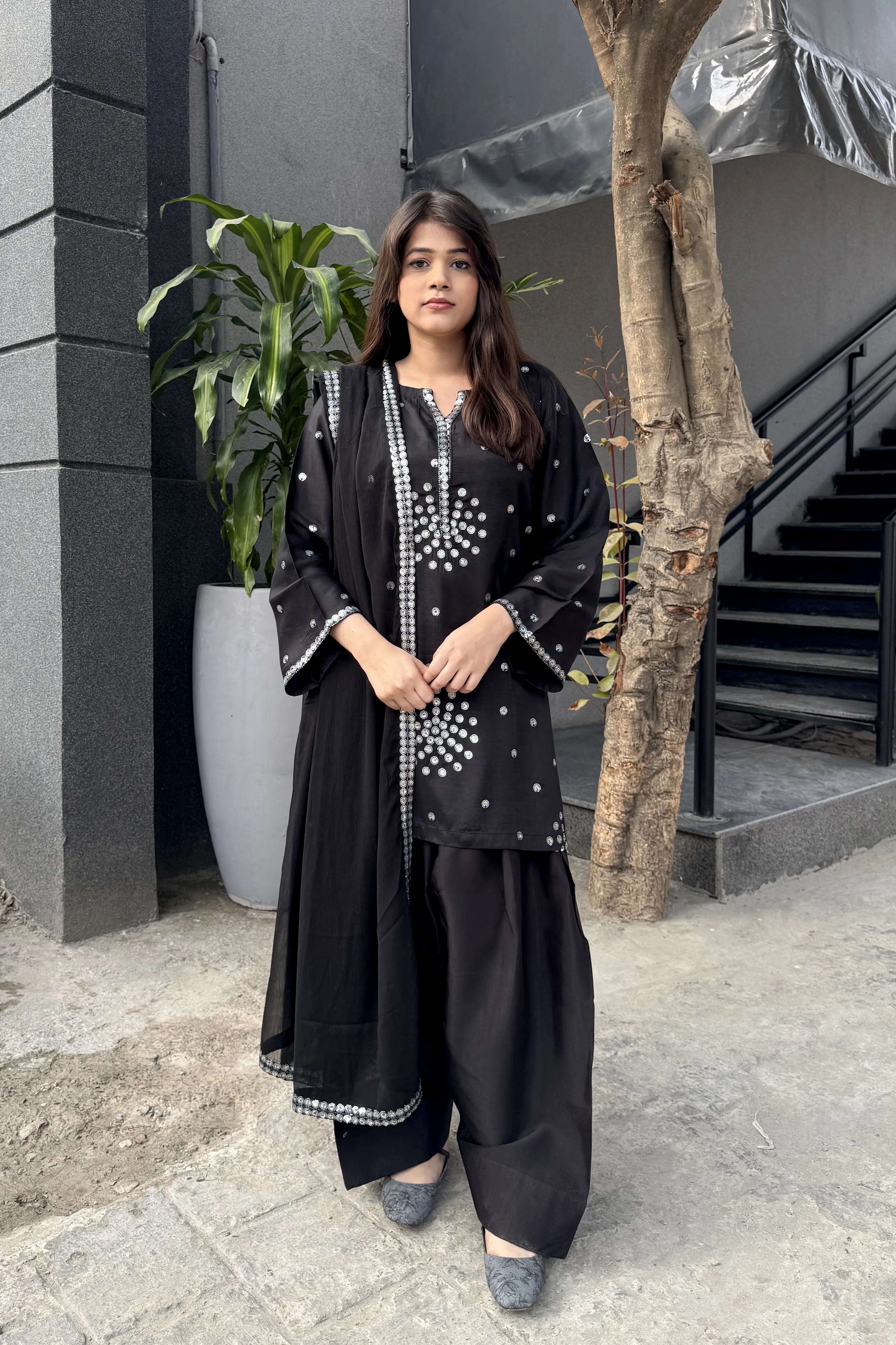 3 Piece Embroidered Raw Silk Suit Pret Fall - 25