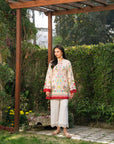 Ivory botanical crimson print cambric kameez women.  front outdoor garden