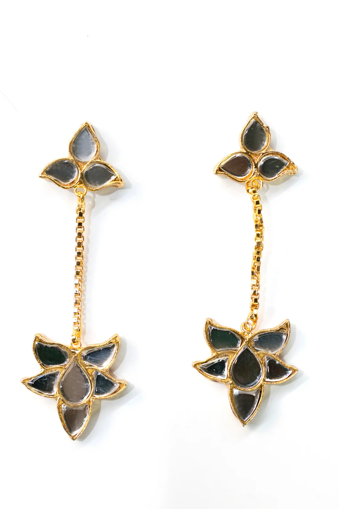 Kundan mirror floral drop earrings with gold chain by Beyond East Pakistan
