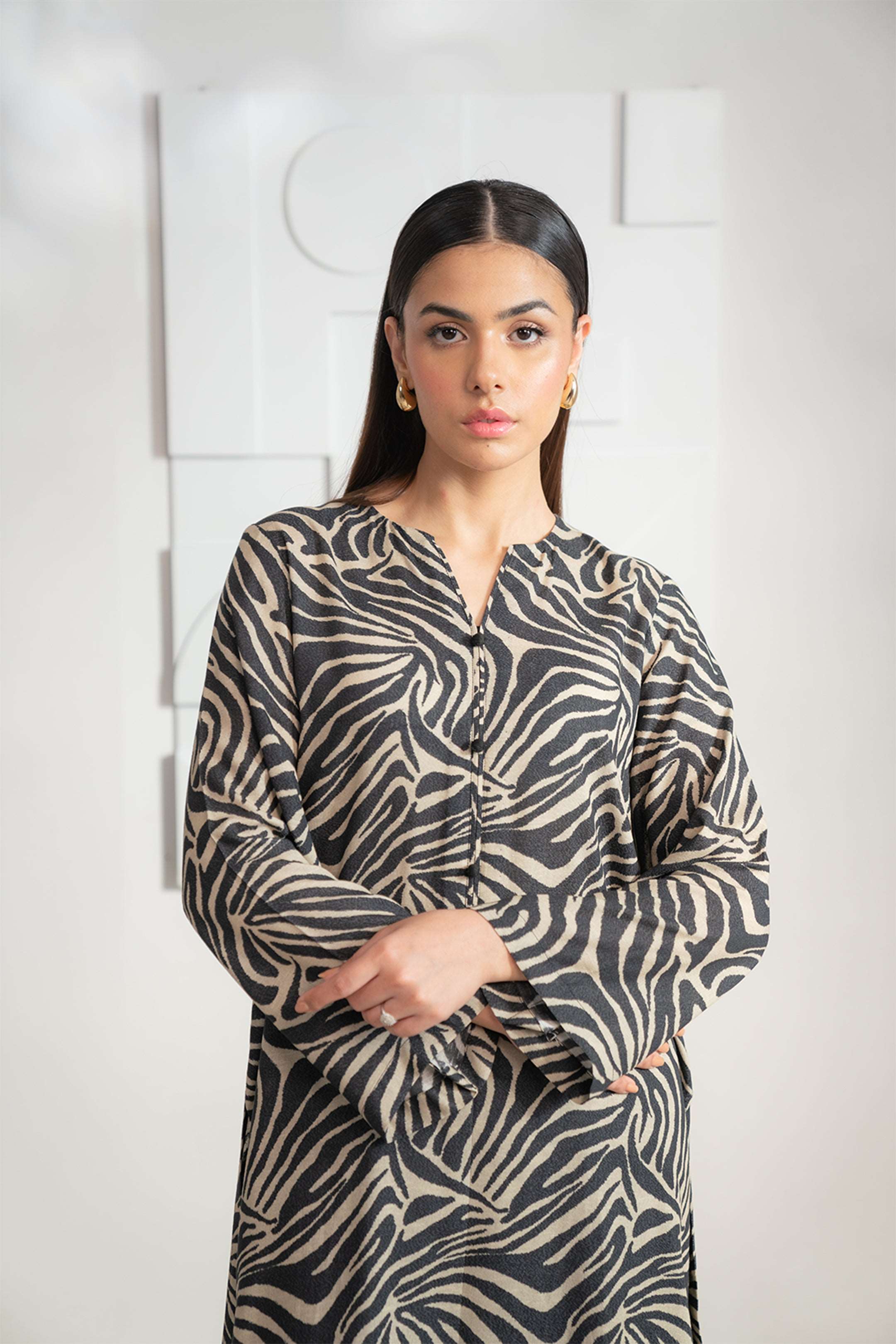 Ladies’ black zebra print Karandi shirt, a chic choice available to buy online now