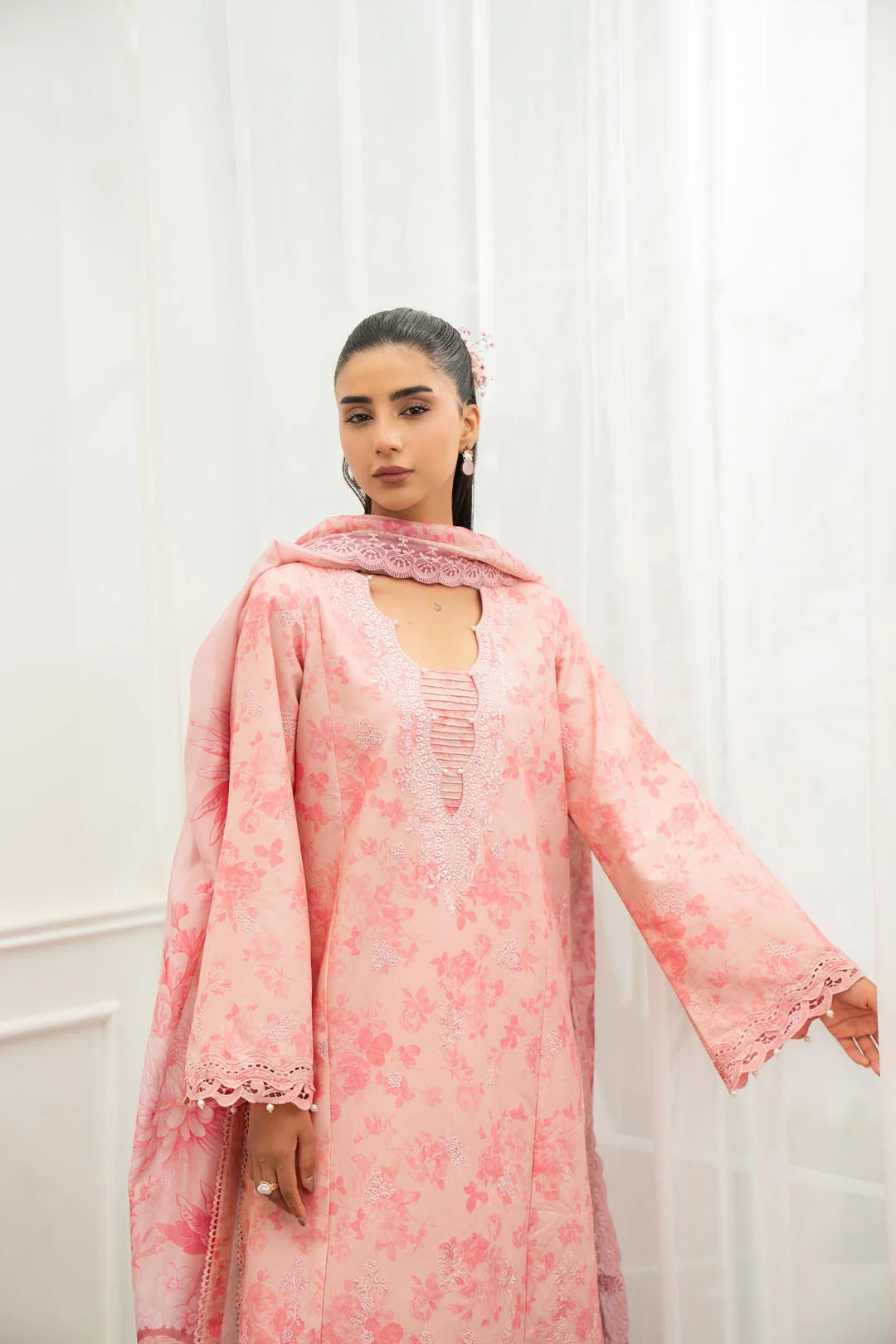 Ladies pink unstitched lawn suit 3 piece all over floral print casual Eid wear Pakistan Beyond East 2026