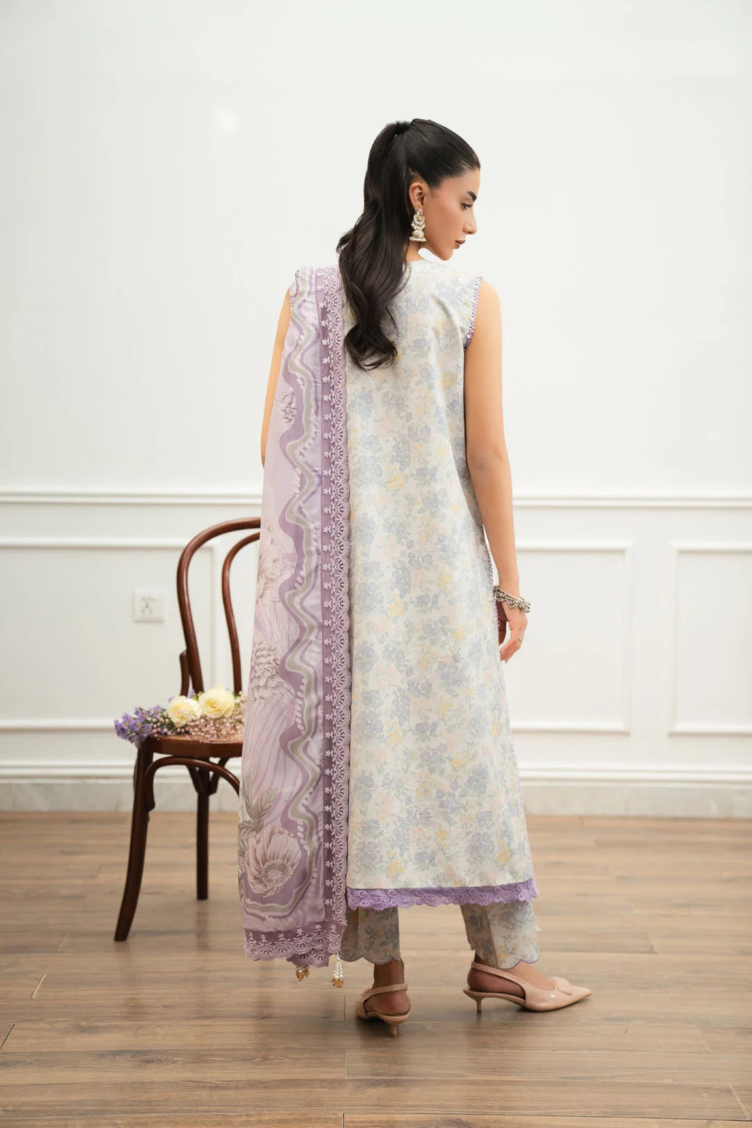 Ladies unstitched lawn suit 3 piece cream lilac floral print casual wear Pakistan Beyond East 2026
