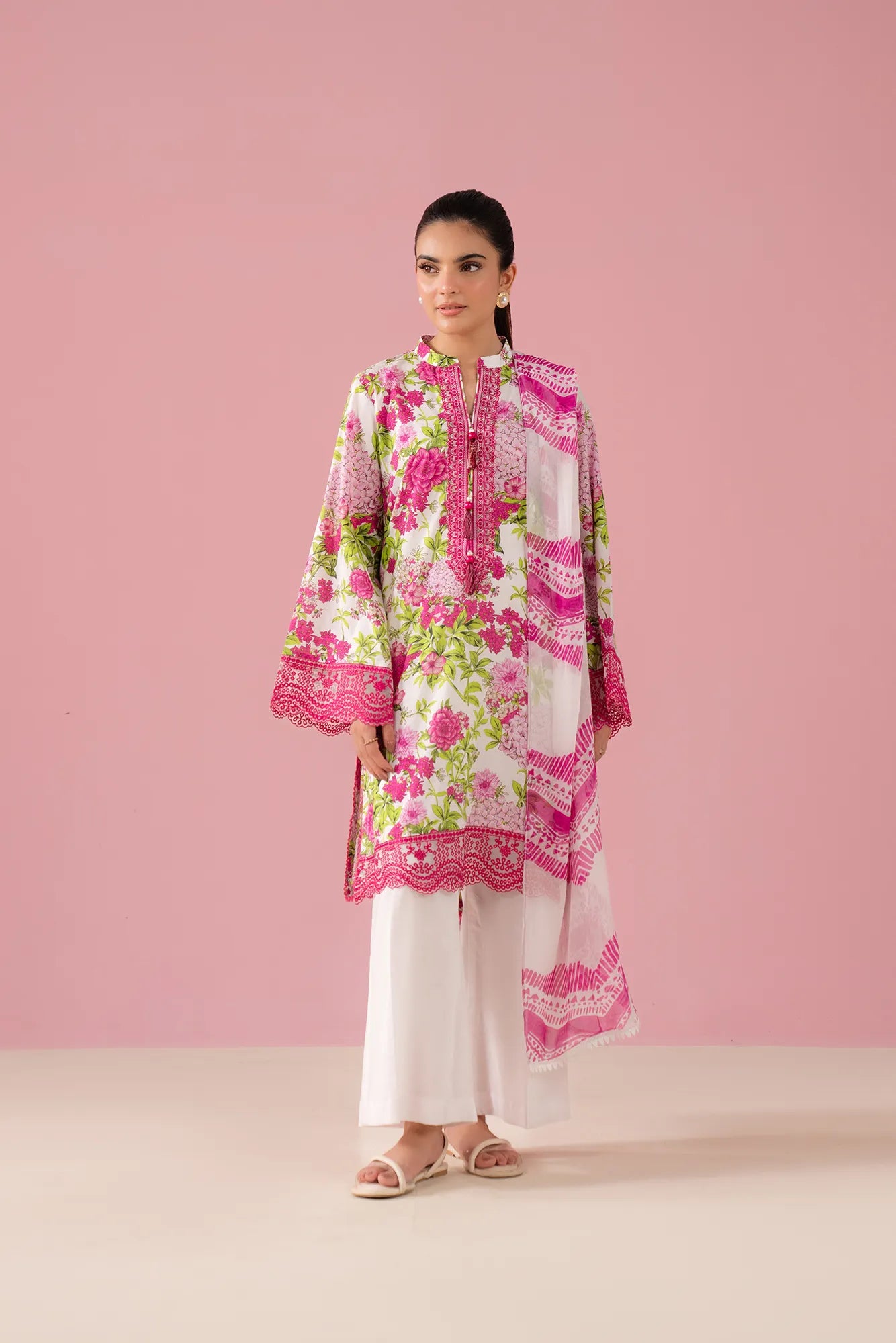 Lahore 3 piece embroidered lawn suit – elegant white & pink unstitched lawn outfit with digital printed shirt, chiffon dupatta, and embroidered organza details