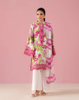 Lahore 3 piece embroidered lawn suit – elegant white & pink unstitched lawn outfit with digital printed shirt, chiffon dupatta, and embroidered organza details