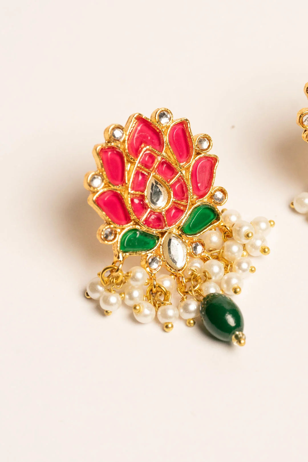 Large Pakistani lotus earrings red emerald Kundan pearl drop bridal festive jewellery women