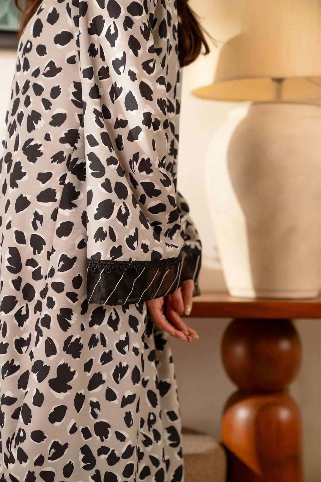 Latest Pakistani fashion – digital printed cambric suit with unique monochrome abstract pattern.