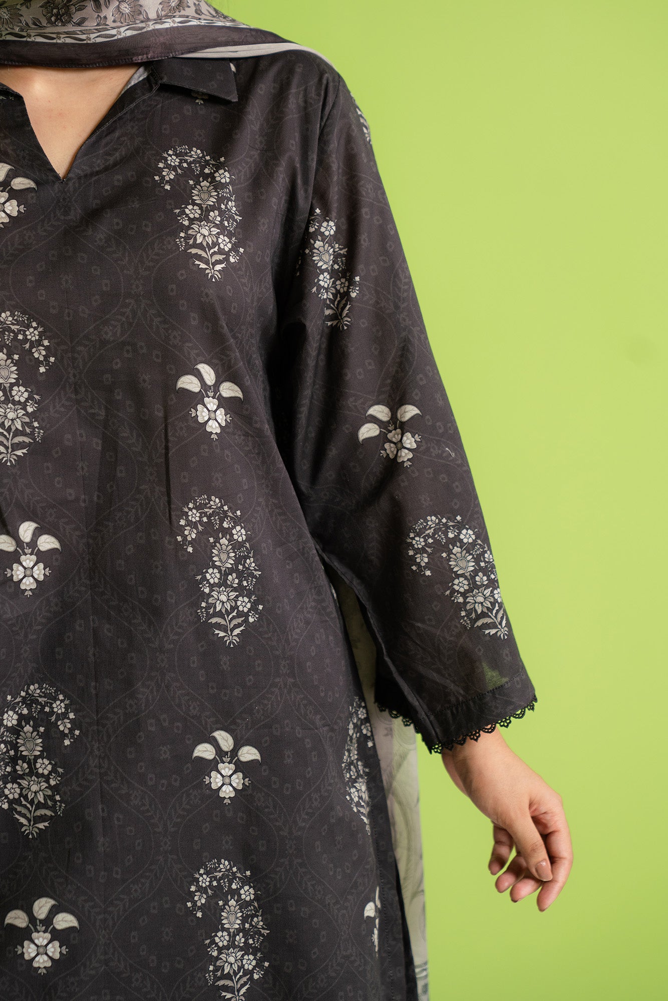 Latest designer unstitched black cambric suit with silk dupatta, two-piece fabric for Eid collection in Pakistan