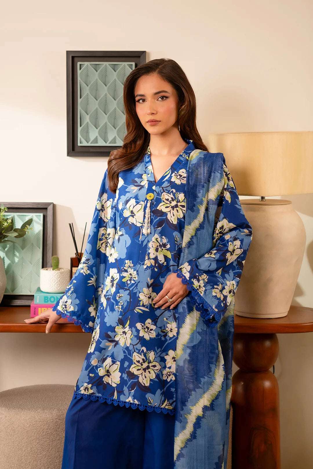 Latest digital printed Pakistani dress – blue cambric shirt with matching tie-dye effect dupatta.