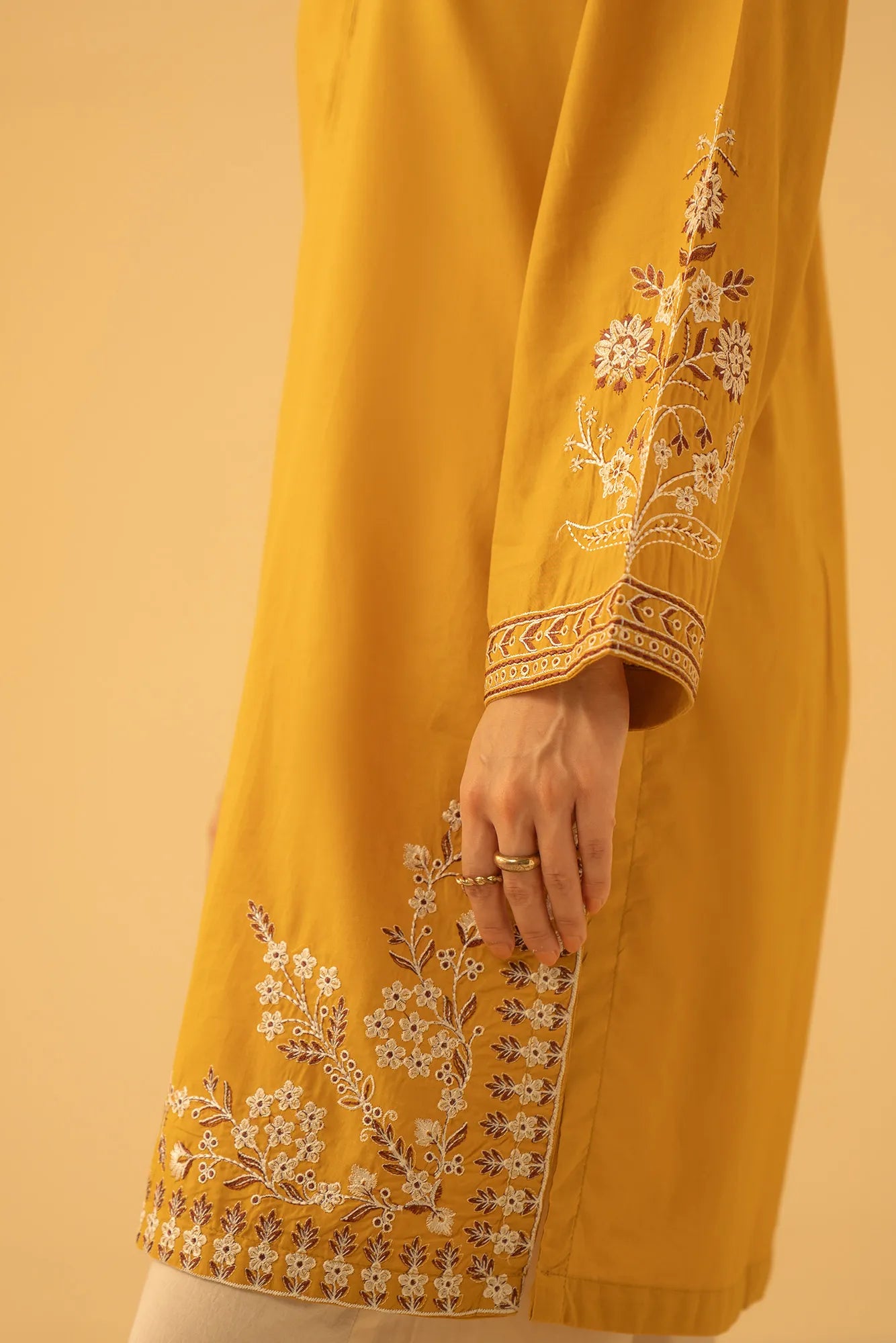 Latest embroidered shirt design for summer – mustard yellow kurti for women