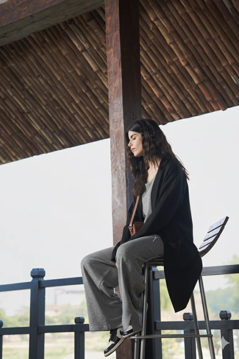 Lifestyle view showing the cardigan drape and length in natural light, styled for casual layering.