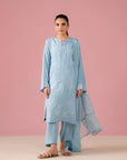 Light blue embroidered raw silk suit at best price in Pakistan