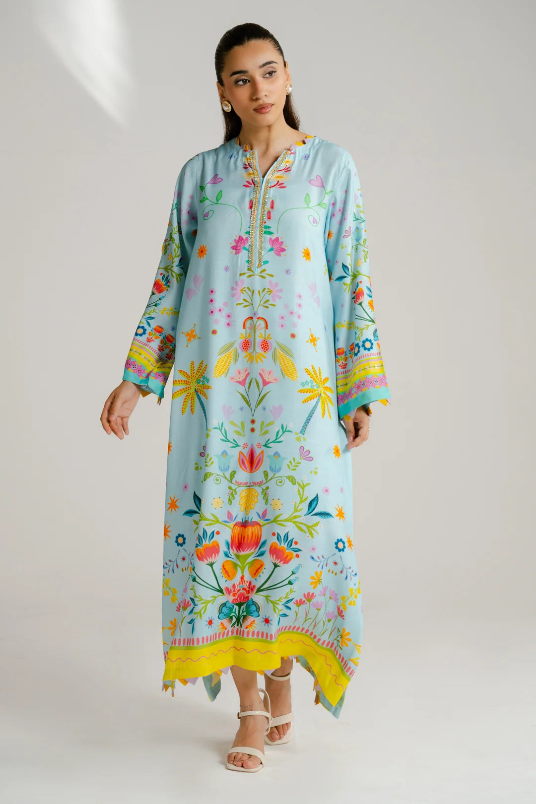 Light blue printed raw silk kaftan women Beyond East Pakistan