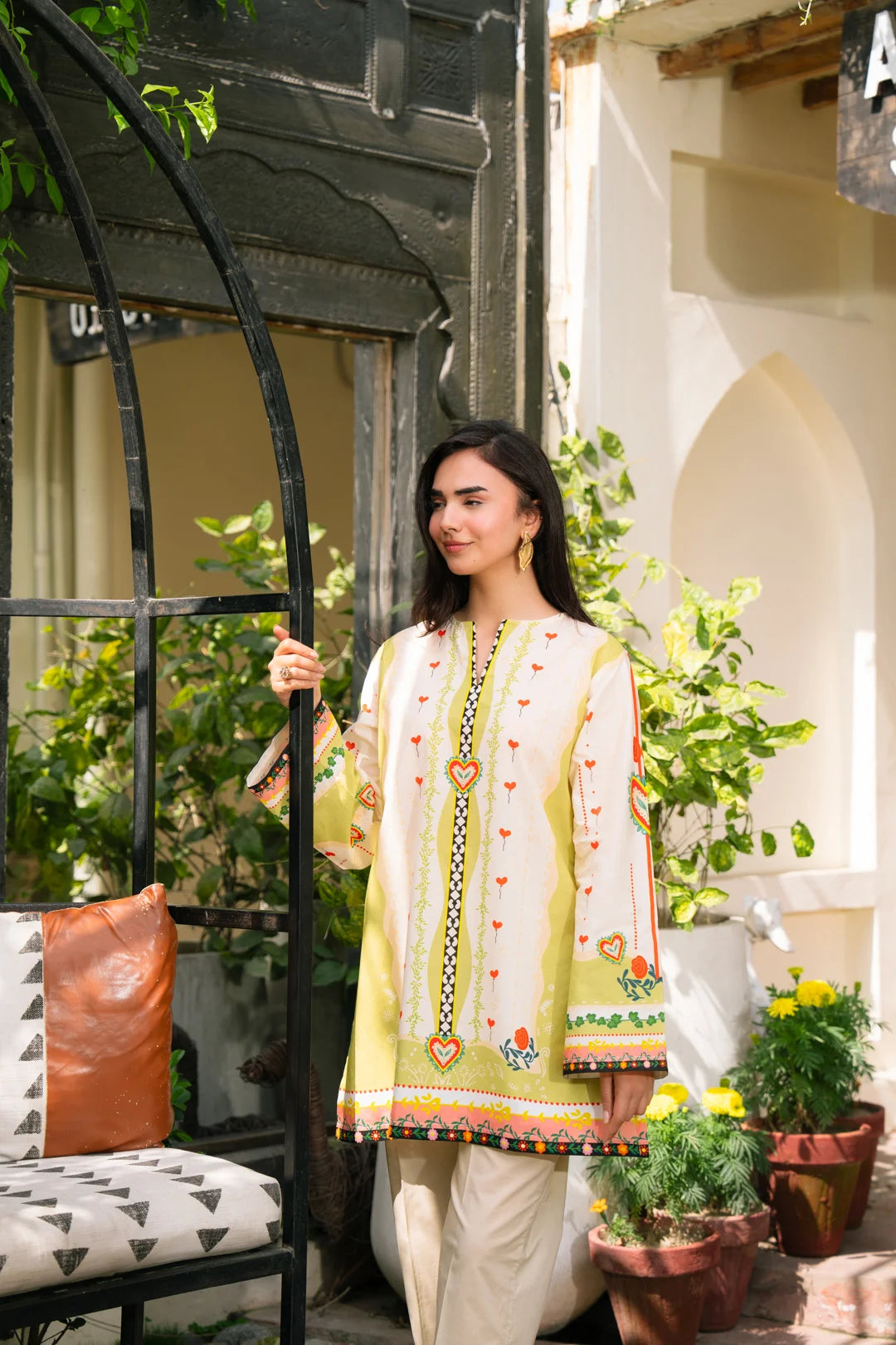 Light green and beige printed 1 piece cambric shirt for women