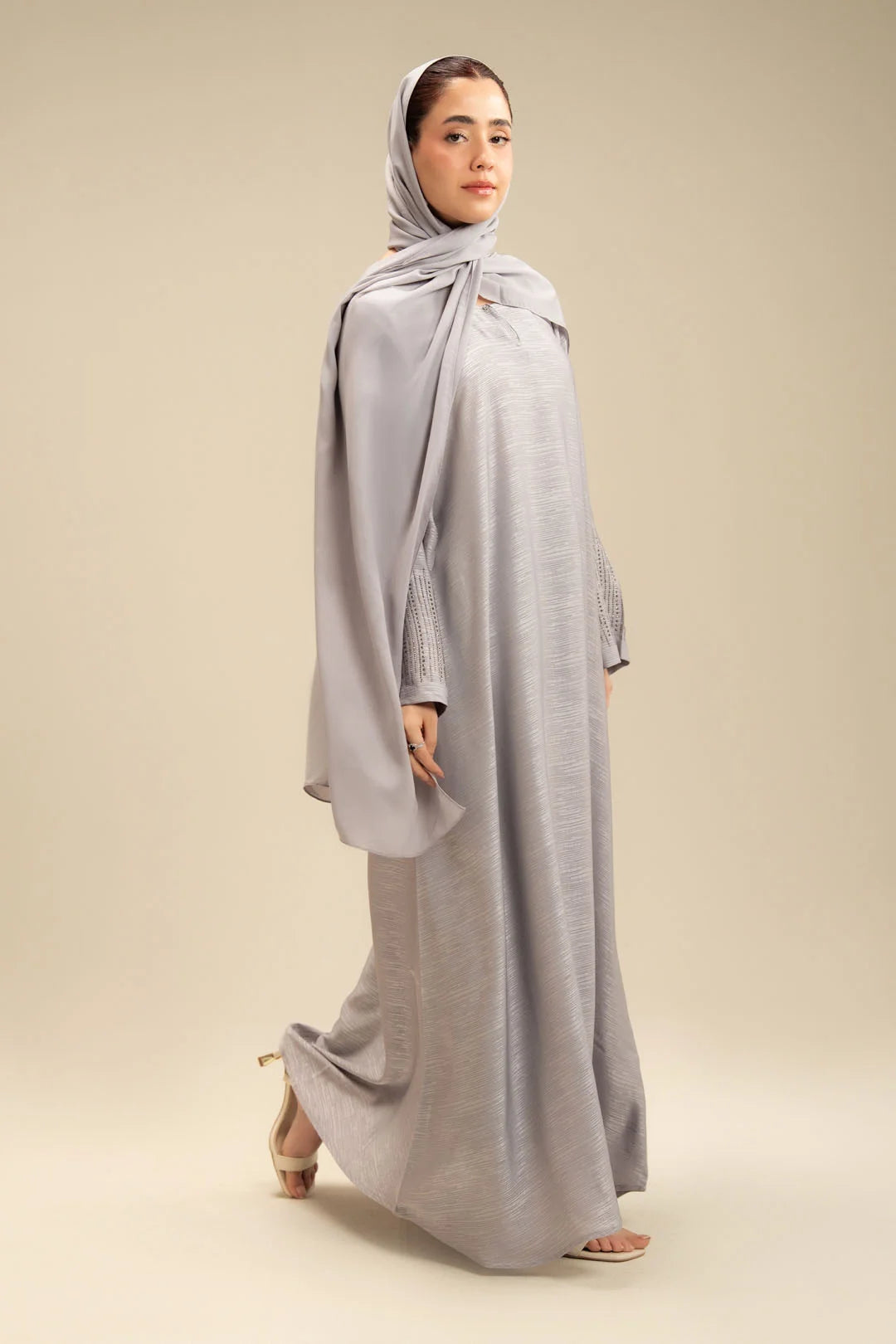 Light grey abaya for women – embellished sleeve abaya design Beyond East Pakistan