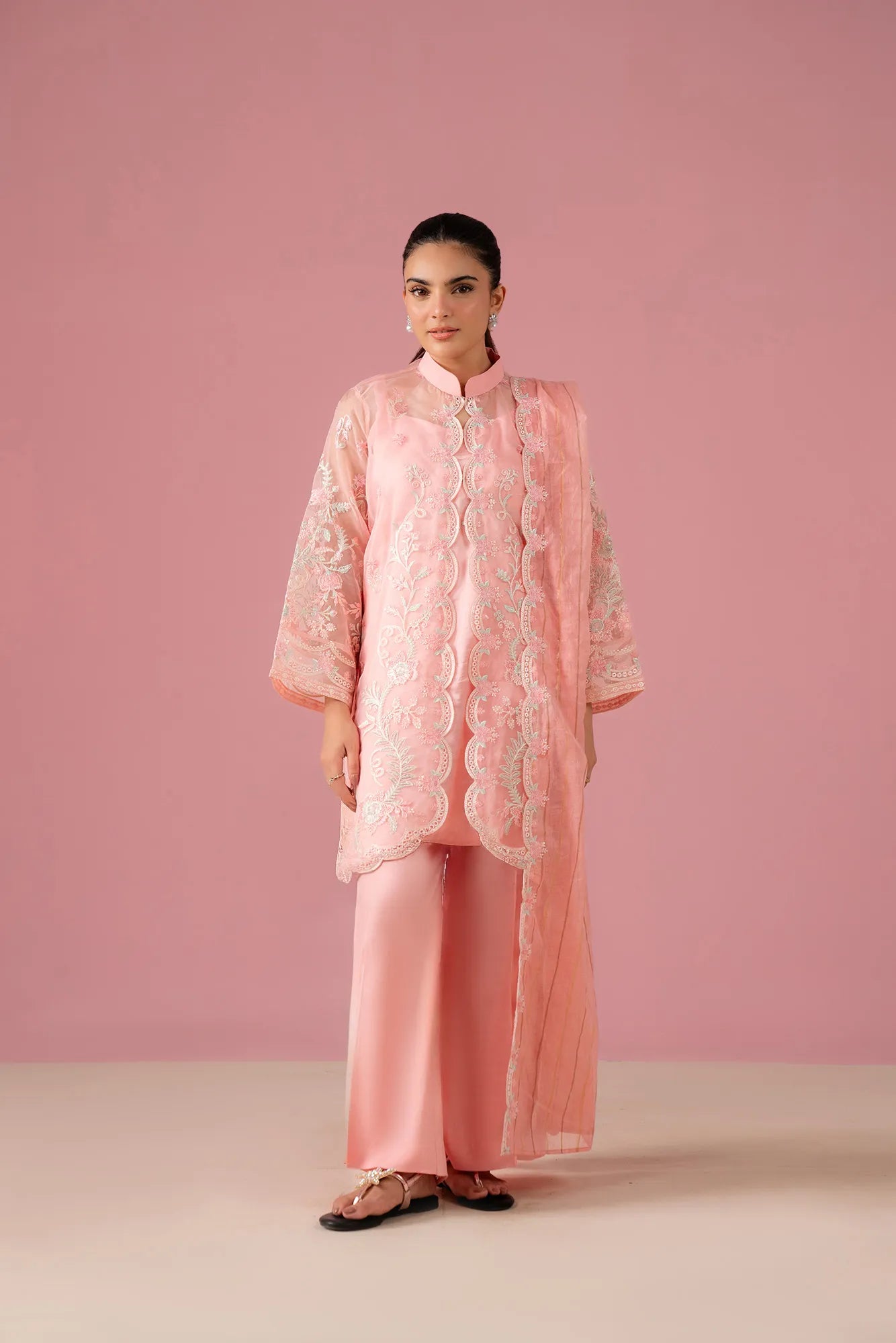 Light peach embroidered organza suit designs for women 2025