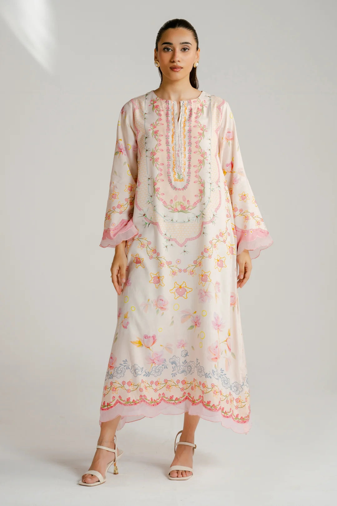 Light pink printed raw silk kaftan women pret Beyond East Pakistan