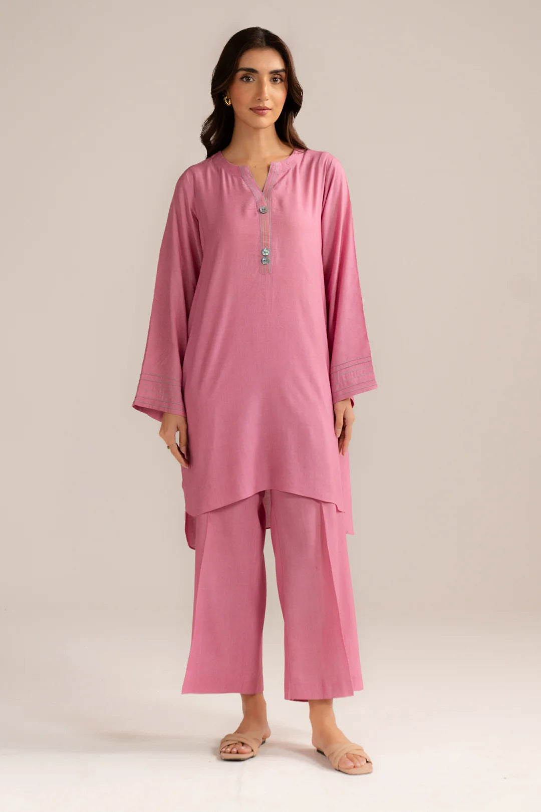 Light pink solid linen 2 piece suit for women front view