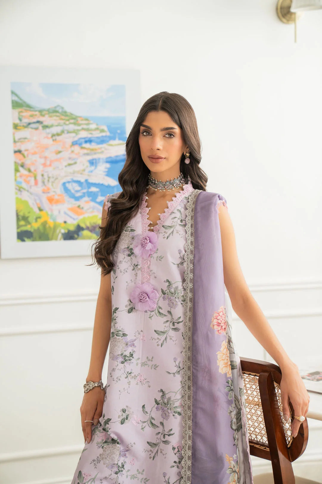 Light purple lilac 3 piece unstitched lawn suit floral print summer wear Pakistan Meher Unstitched Vol 2