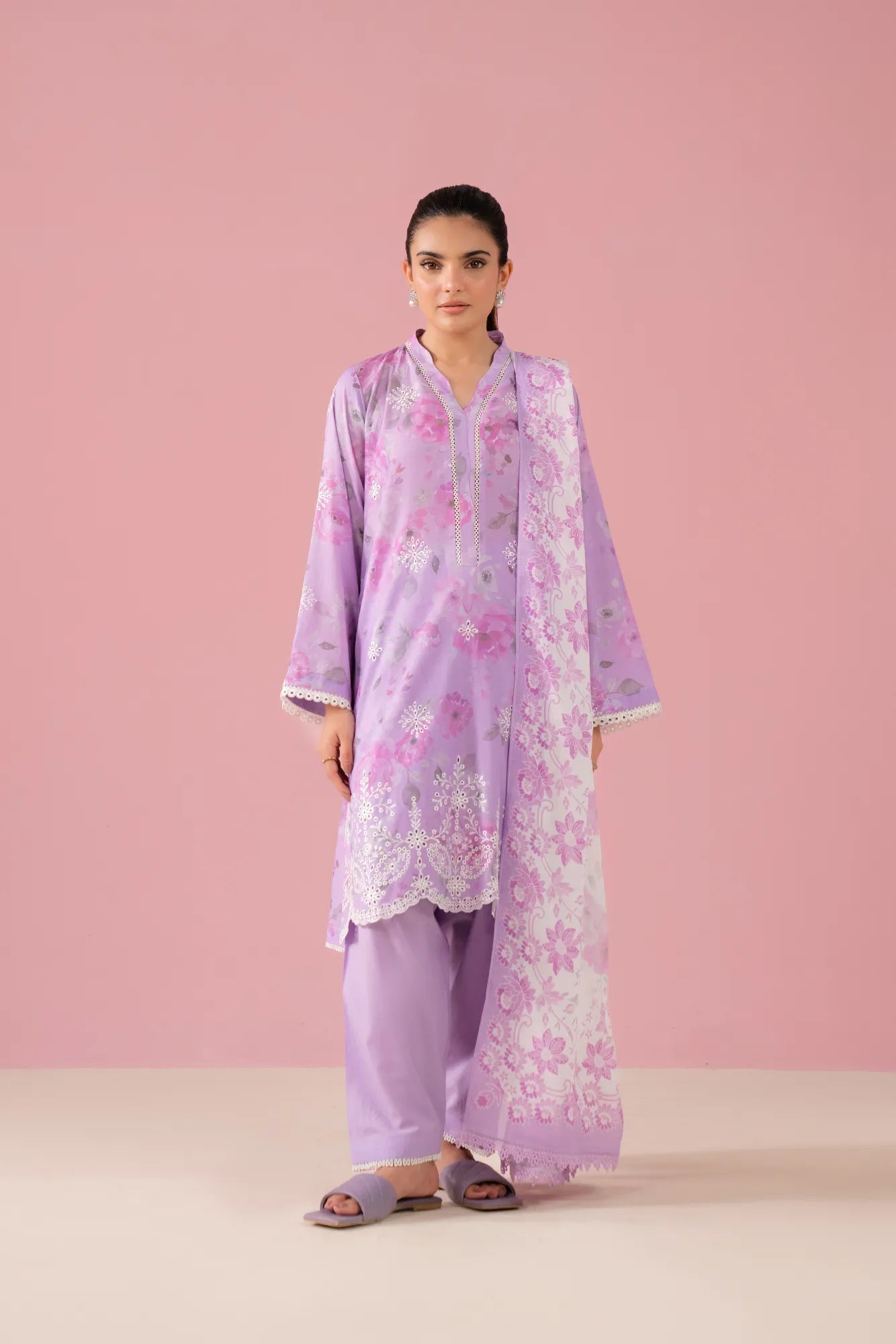 Lilac 3-piece embroidered lawn suit with digital printed shirt and chiffon dupatta, perfect for women in Jhelum's Citi Housing Society