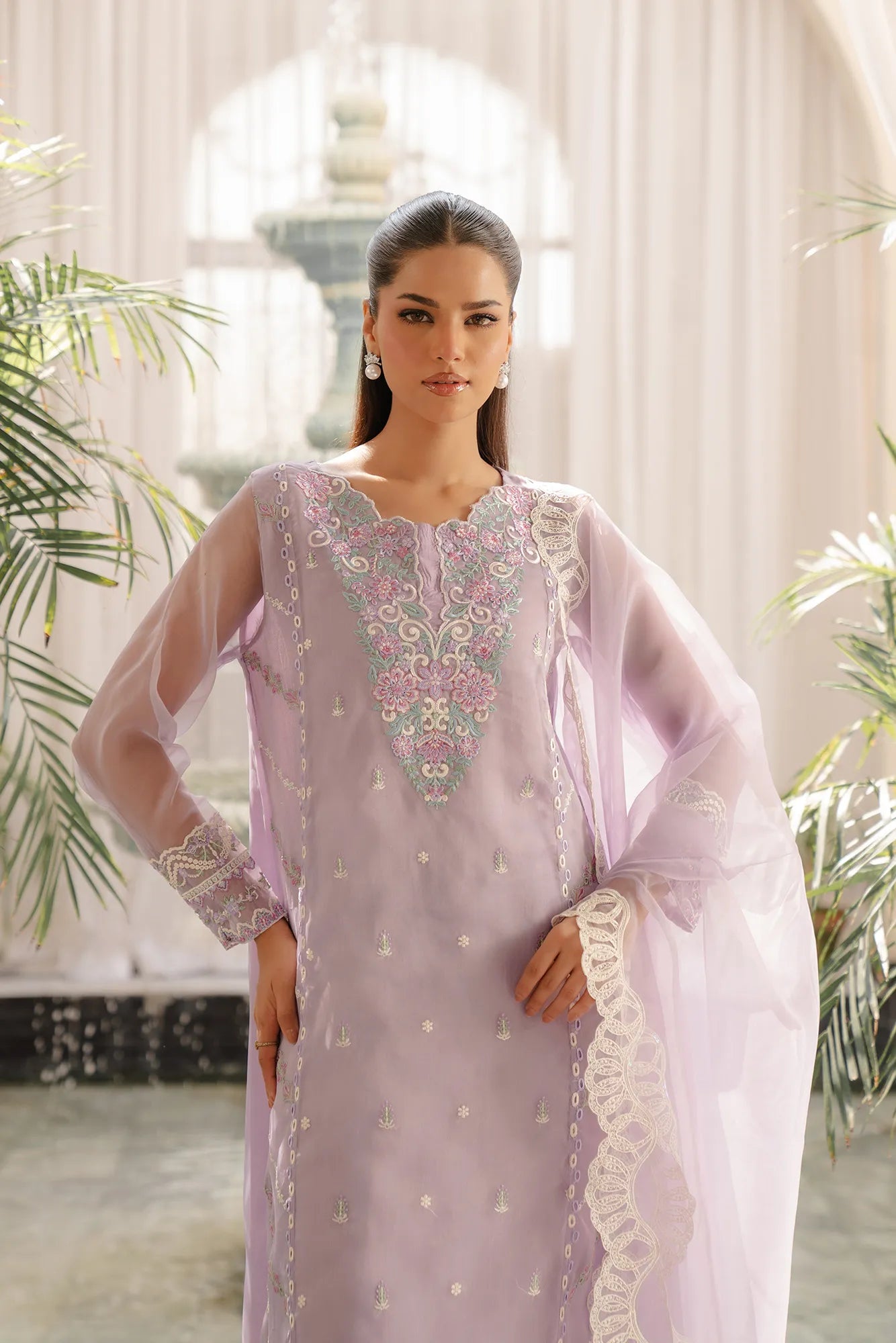 Lilac organza suit with embroidery - elegant 3 piece Pakistani suit with sheer dupatta