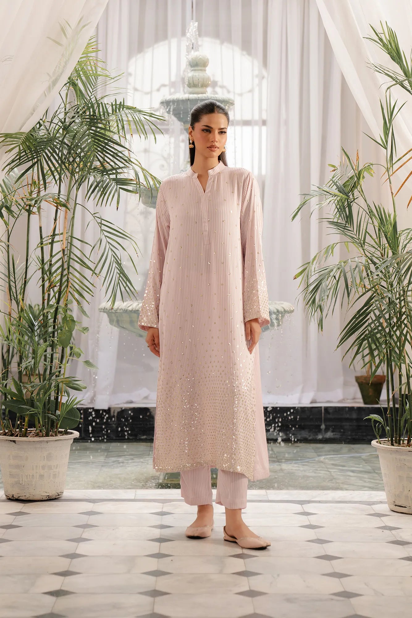 Long dresses pakistan pink - elegant embroidered maxi dress with sequin details and matching dupatta