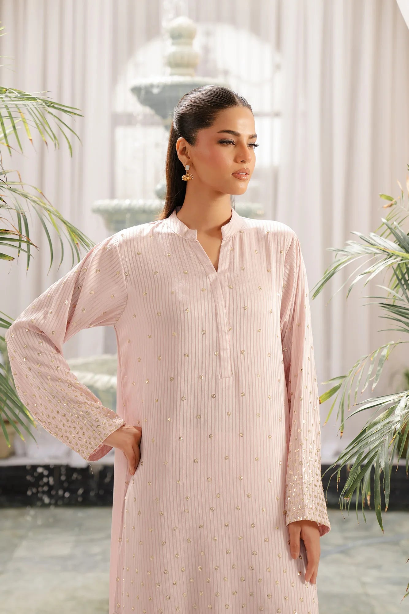 Long dresses pakistan style - blush pink sequined maxi dress with straight pants and dupatta set