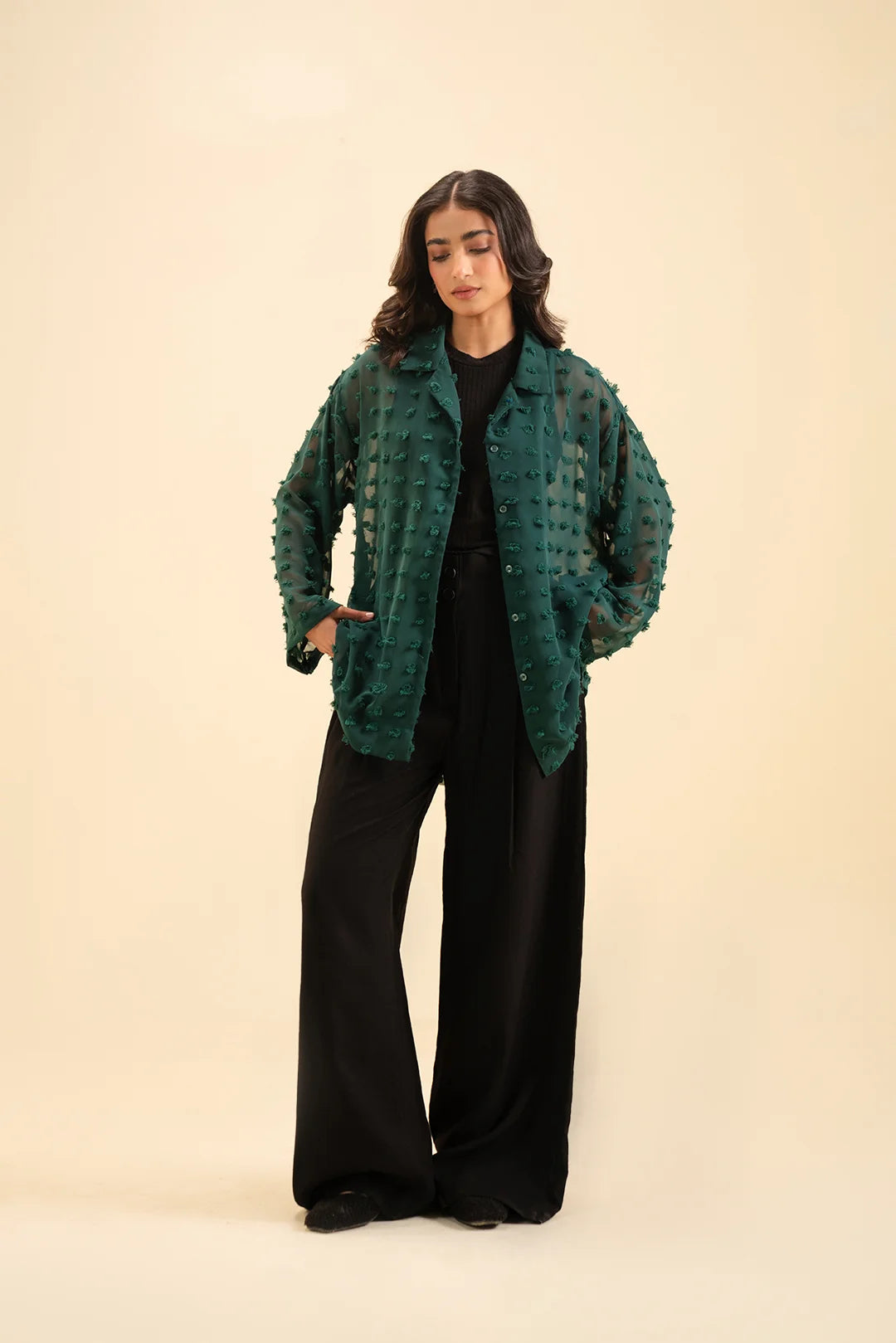Loose fit georgette top for women – dark green button-down shirt for a modern look.