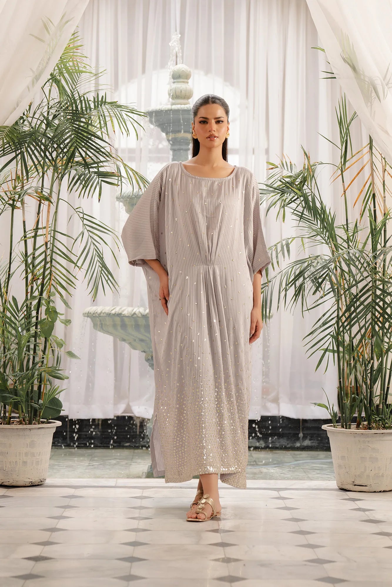 Luxurious grey silk kaftan with sequin embellishments - elegant evening dress for women