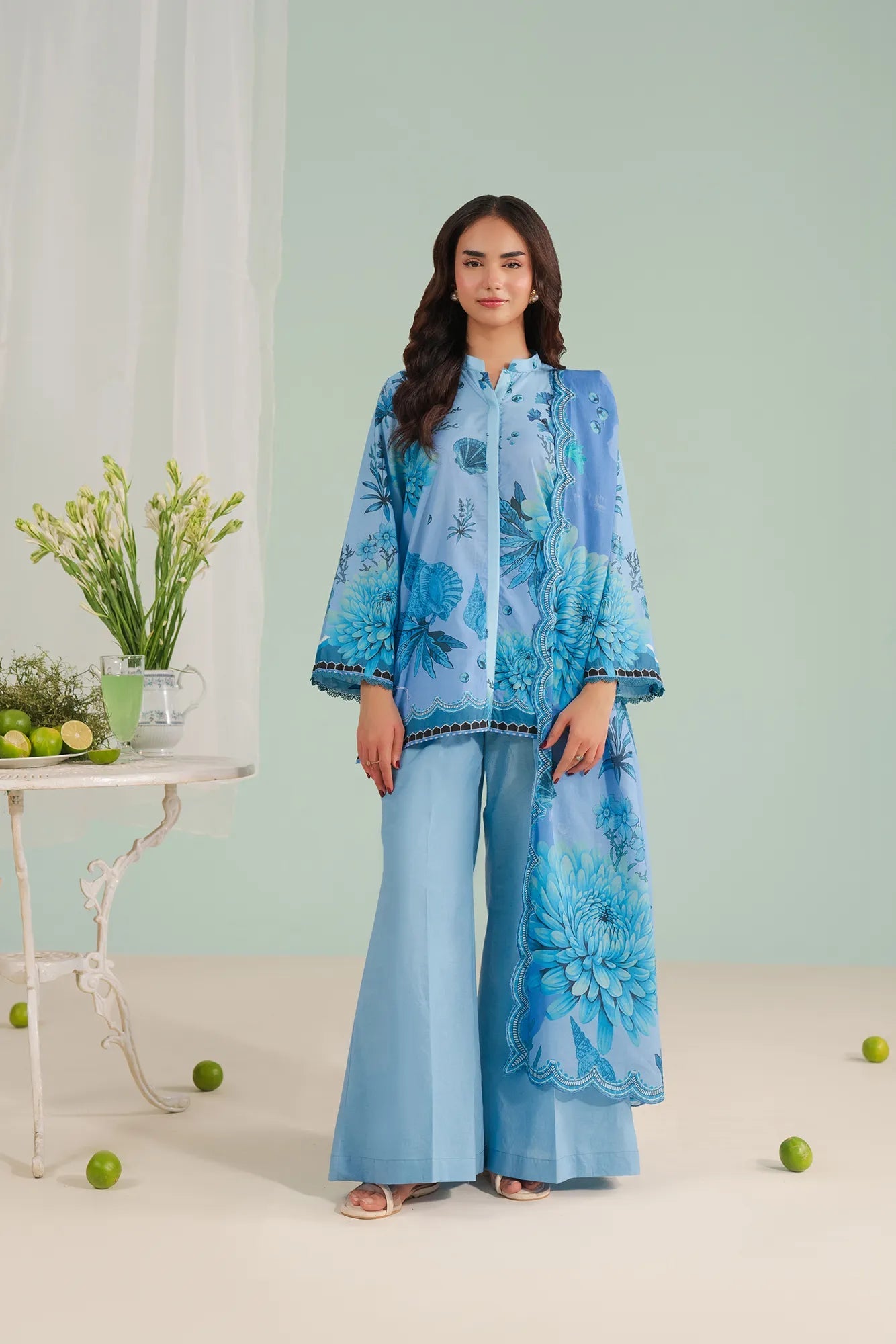 Luxury 2 Piece Printed Lawn Suit with vibrant digital print shirt and voile dupatta – perfect summer wear for women in DHA Karachi