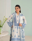 Luxury online unstitched lawn suits – white 3 piece digital printed lawn with cambric trousers and voile dupatta, stylish summer fashion in Pakistan
