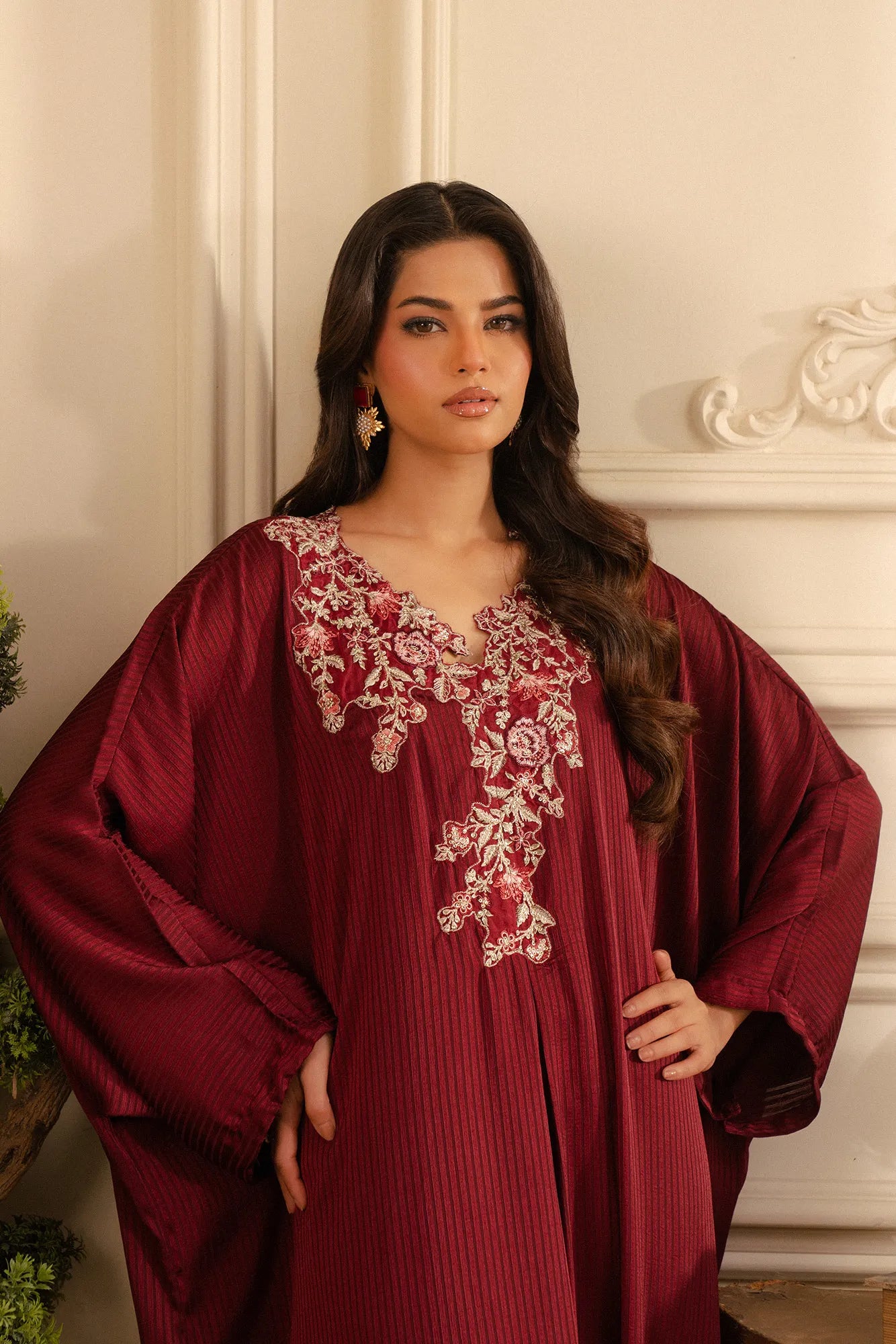Luxury silk kaftan dress - maroon embroidered festive dress with intricate gold detailing