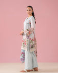 Luxury sky pink 3-piece unstitched lawn ensemble with embroidered organza border, perfect for fashion-forward women in Sargodha's New Satellite Town Pakistan