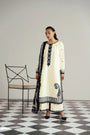 Beyond East classic white lawn kameez with black embroidery and printed monochrome dupatta summer collection
