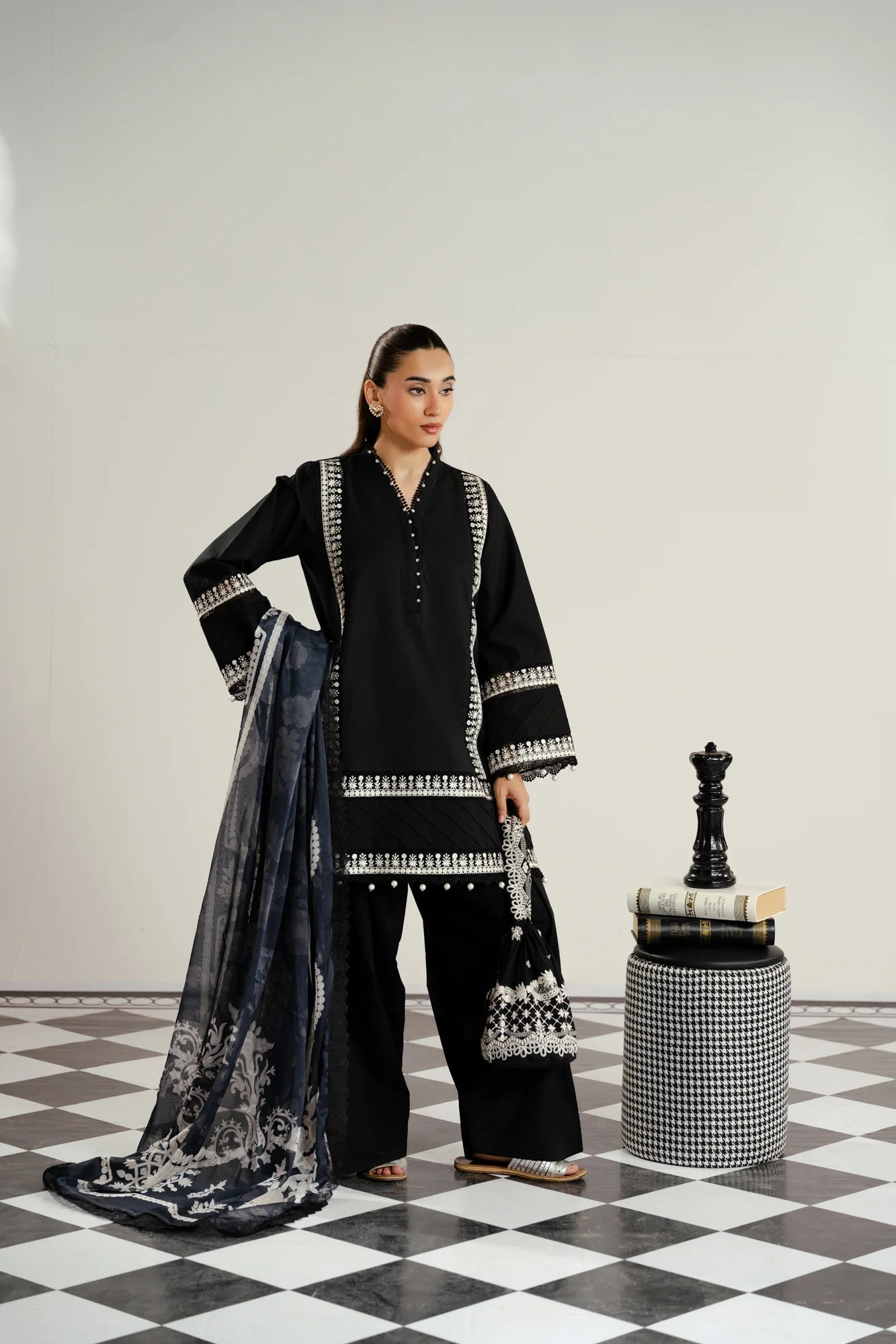 shalwar kameez black and white dress designs in pakistan Simple Pakistani Shalwar Kameez Dresses Pictures Black And White Chikankari Kurta With Palazzo Set, Designer