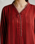 Neckline detail maroon farshi shirt women Beyond East
